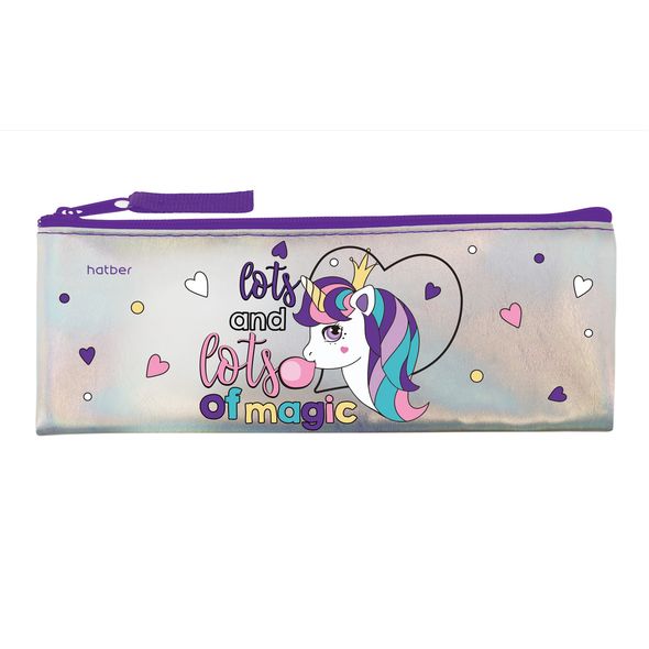 Пенал Hatber 195х75 мм на молнии мягкий Экокожа голографический эффект -Волшебные единороги-  в индив.упак. , 